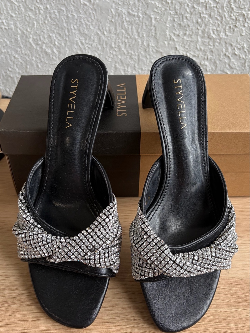 Styvella Black Crystal-Knot Mule Heels